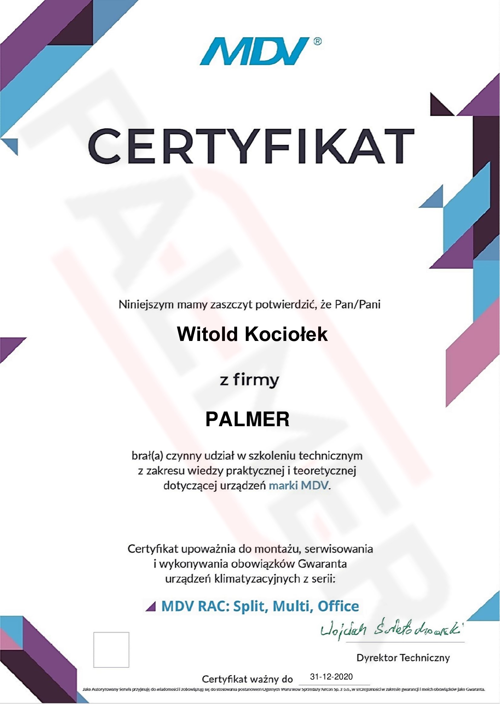 MDV_Certyfikat-2020-12-31 Palmer Klimatyzacja, Wentylacja, Pompy ciepła Kraków
